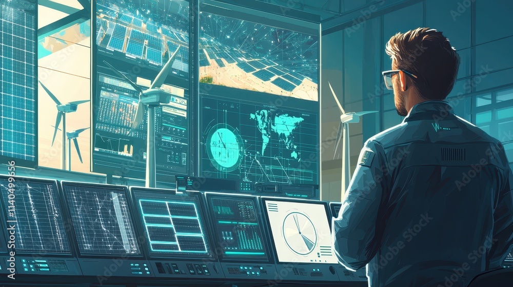 Poster scientist monitoring renewable energy systems with advanced technologies in a control room environme