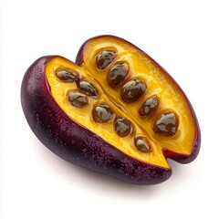 Colorful tropical fruit cut in half revealing yellow pulp and seeds alongside whole fruit