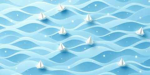 Serene Paper Boats Sailing Across Gentle Blue Waves