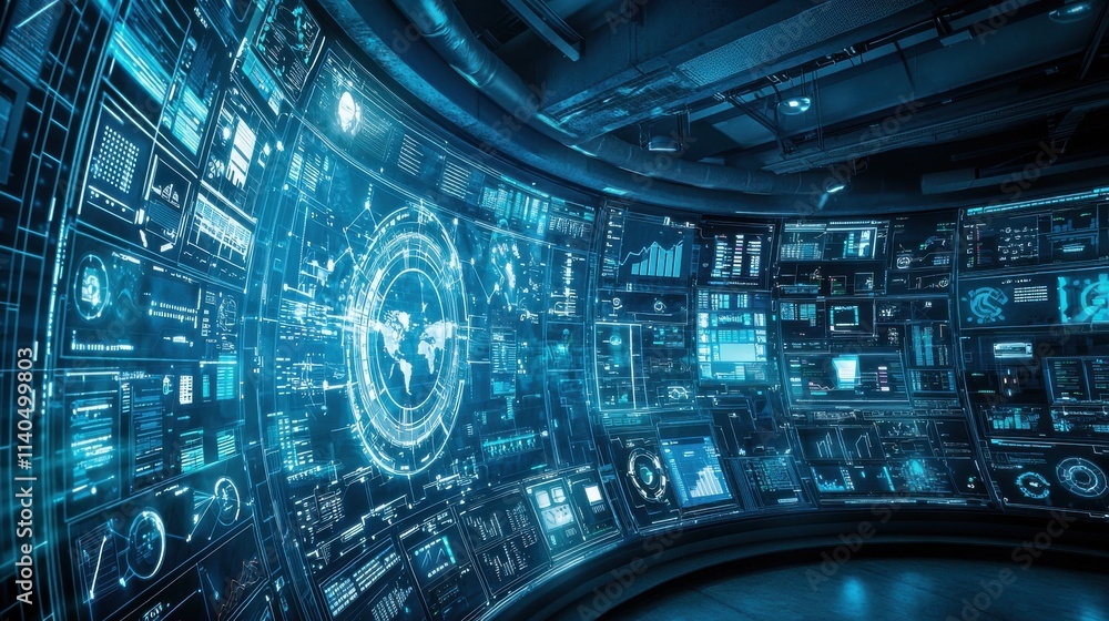 Poster futuristic digital control room with advanced data displays and global connection visuals in a high-