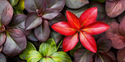 Obraz premium A vibrant arrangement of various plants with a striking red leaf among darker foliage.