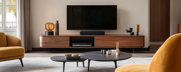Modern living room with a TV on a cabinet