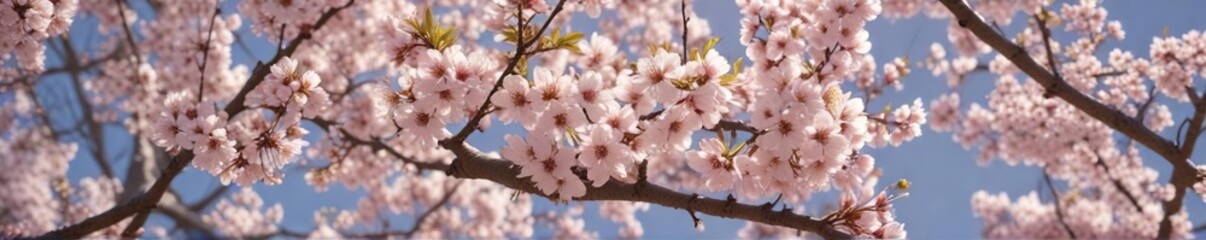 blooming cherry blossom tree branches in full bloom with light yellow and pale pink flowers, full bloom, delicate textures, spring flowers