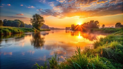 Obraz premium sunrise over river on a summer morning, beautiful background