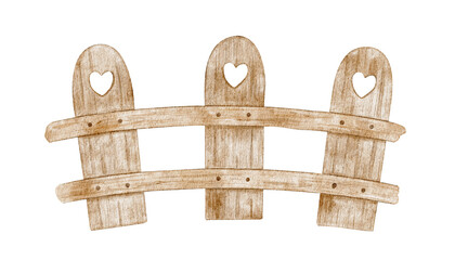 Wooden fence with heart shaped cutout. Rustic hedge for farmhouse. Isolated hand drawn children watercolor illustration. Clipart of Countryside partition