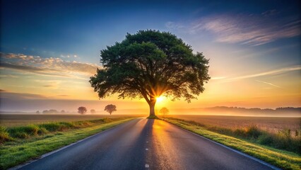 Fototapeta premium Sunrise over road under large tree