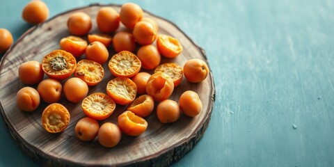 A rustic wooden board presents halved and whole vibrant orange fruits, creating a visually appealing arrangement.