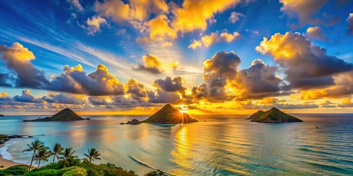 Sunrise over the Mokes in Kailua, Oahu seen at a tilted angle