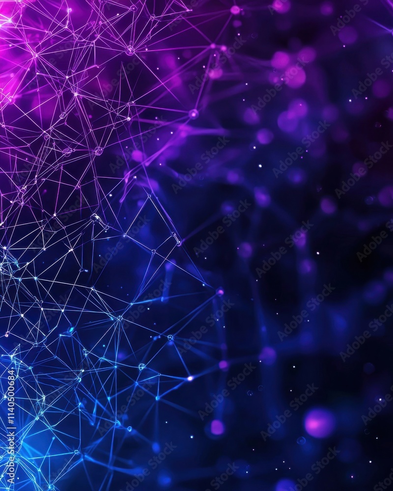 Poster abstract background of connected lines and dots in vibrant purple and blue colors, representing digi