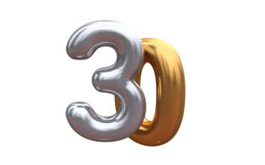 Numeral 30 - Golden plastic balloon number 10 isolated on white background. 3D style vector illustration.