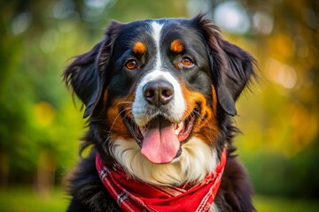 Macro Bernese Mountain Dog Red Bandana Photography - Closeup Puppy Dog Panting