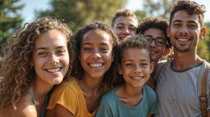 Obraz premium Group of multiethnic young people having fun outdoors and smiling at the camera