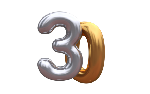 Numeral 30 - Golden plastic balloon number 10 isolated on white background. 3D style vector illustration. - Powered by Adobe