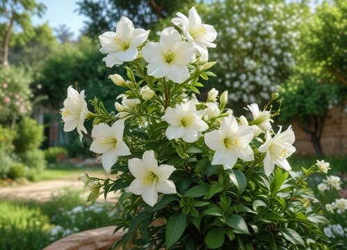 Flor de linda jasmim branca em jardim com flores e arbustos verdes, outdoor, jasmine, white flower