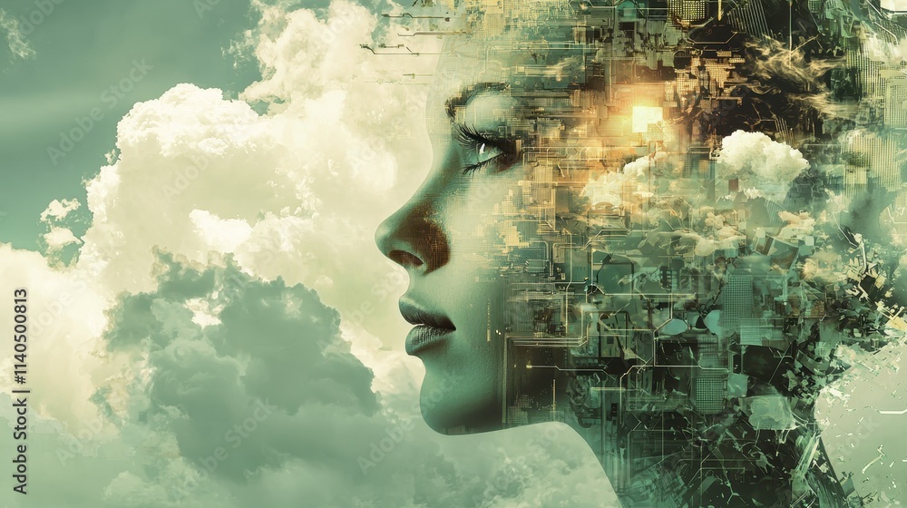 Aufkleber innovative concept of hybrid cloud computing with human element and technology integration