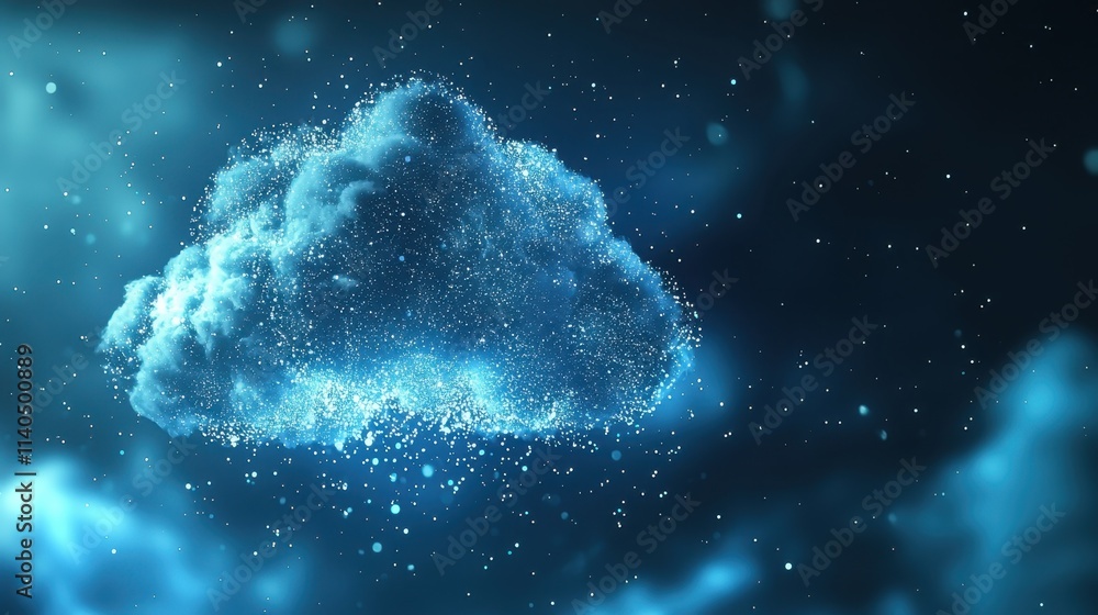 Poster innovative cloud networking concept with vibrant particles representing modern technology and team c