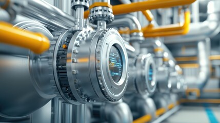 Fototapeta premium High-Tech Industrial Pipes and Valves with Digital Displays in a Modern Factory Setting Showcasing Advanced Engineering and Sophisticated Design Elements for Production Processes