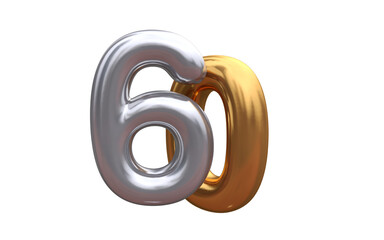Numeral 60 - Golden plastic balloon number 10 isolated on white background. 3D style vector illustration.