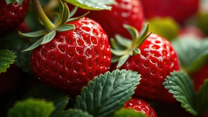 Close-up view of vibrant red strawberries glistening with dew, nestled amongst lush green leaves on the plant