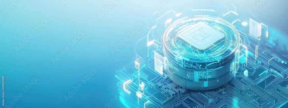 Poster futuristic digital currency concept featuring microprocessor technology on a high-tech circuit board