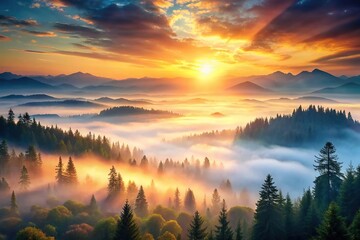 Obraz premium Sunrise scene with misty forest, distant mountains, and watercolor style sky