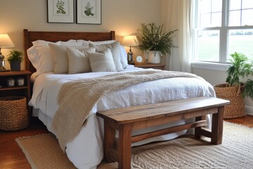 Fototapeta premium Relaxing bedroom design with natural elements in a cozy setting featuring a comfortable bed