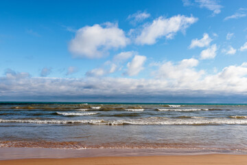 In late November, the incoming waves of Lake Michigan wash constantly onshore at Harrington Beach State Park, Belgium, Wisconsin