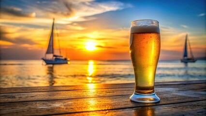 Sunset beer on beach with sailing boat in background macro