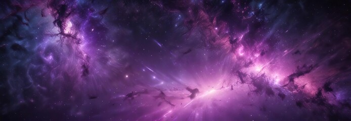 Naklejka premium Abstract space background with twinkling starlight and glowing cosmic rays in deep purple hue , galaxy, northern lights