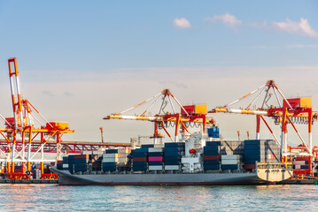 Fototapeta premium Container port and container crane at Industrial port for cargo container ship Osaka Japan. Business logistic transportation concept.