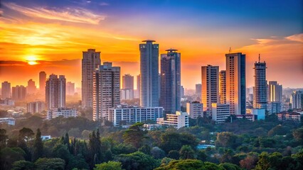 Obraz premium Sunset behind skyscraper in downtown Bangalore minimalist