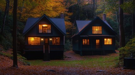 Two cozy cabins illuminated in a serene autumn forest setting.