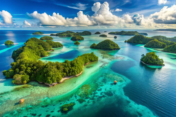 Breathtaking turquoise waters cradle serene archipelago, where lush green islets create picturesque landscape. This tropical paradise invites exploration and relaxation
