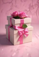 Obraz premium Gift box with pink ribbon and a small rose flower inside, presentation, , packaging
