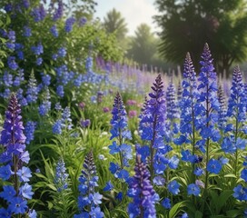 Obraz premium A field of vibrant blue delphiniums with purple accents in a garden landscape, outdoor gardens, garden decoration , floral field