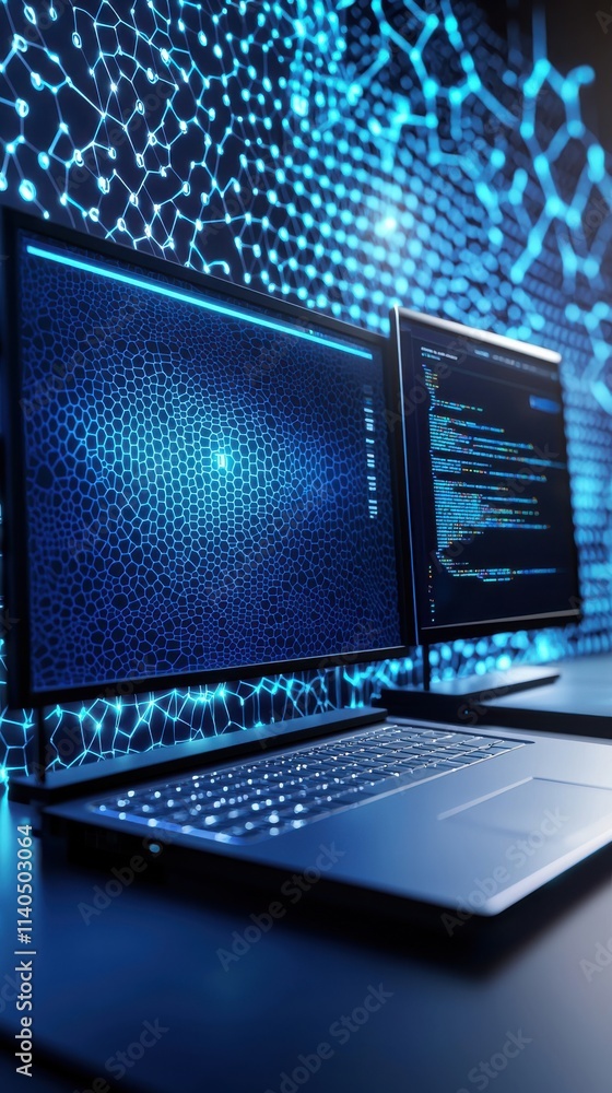Aufkleber close-up view of dual monitors displaying abstract data and code against a high-tech digital backdro