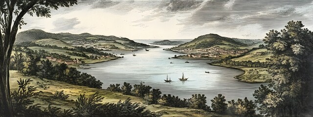 An engraving of the view from high above Fowey Bay in Cornwall, set against an English landscape with trees and hills.