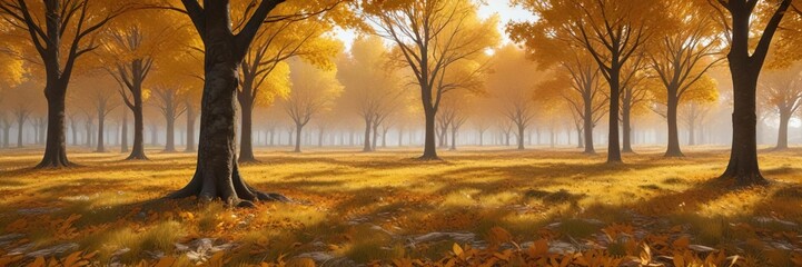 Fototapeta premium A field of trees with orange and yellow leaves scattered around the base, landscape, scenery, foliage