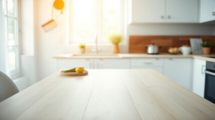 Bright kitchen interior with sunlight streaming through window, showcasing a clean wooden table in the foreground with a small bowl of fruit
