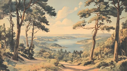 An engraving of the view from high above Fowey Bay in Cornwall, set against an English landscape with trees and hills.