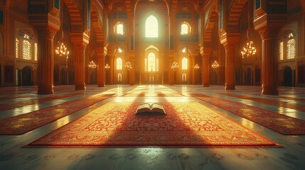 Sunlit mosque interior with open holy book.