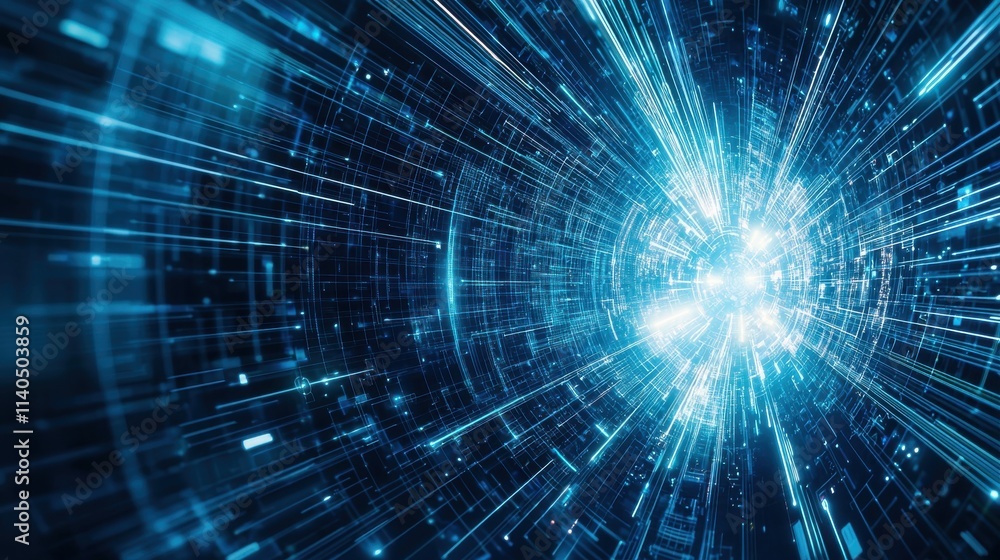 Poster abstract representation of a futuristic digital tunnel with glowing particles illustrating rapid mot