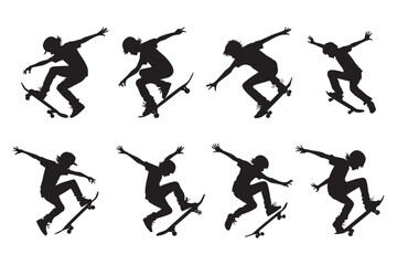 Boy on Skateboard silhouette vector illustration, Boy on Skateboard silhouette Bundle 