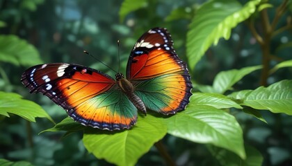 colorful butterfly resting on a lush green leaf, nature, texture
