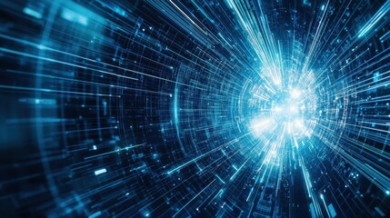 Abstract representation of a futuristic digital tunnel with glowing particles illustrating rapid motion and advanced technology concepts in a vibrant blue color scheme