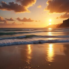 Golden rays of sunlight peeking over the dark horizon of a serene ocean beach, morning light, dark sand, ocean
