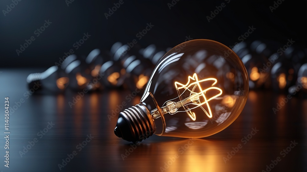 Poster light bulb glowing among shutdown light bulb in dark area with copy space for creative thinking , pr