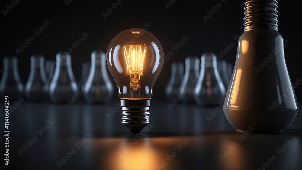 Poster light bulb glowing among shutdown light bulb in dark area with copy space for creative thinking , pr