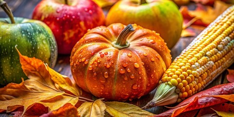 Macro Harvest Festival Photography: Close-up Autumn Bounty, Fall Leaves, Pumpkins, Corn, Apples