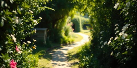 Serene Garden Path Winding Through Lush Greenery and Blooming Flowers
